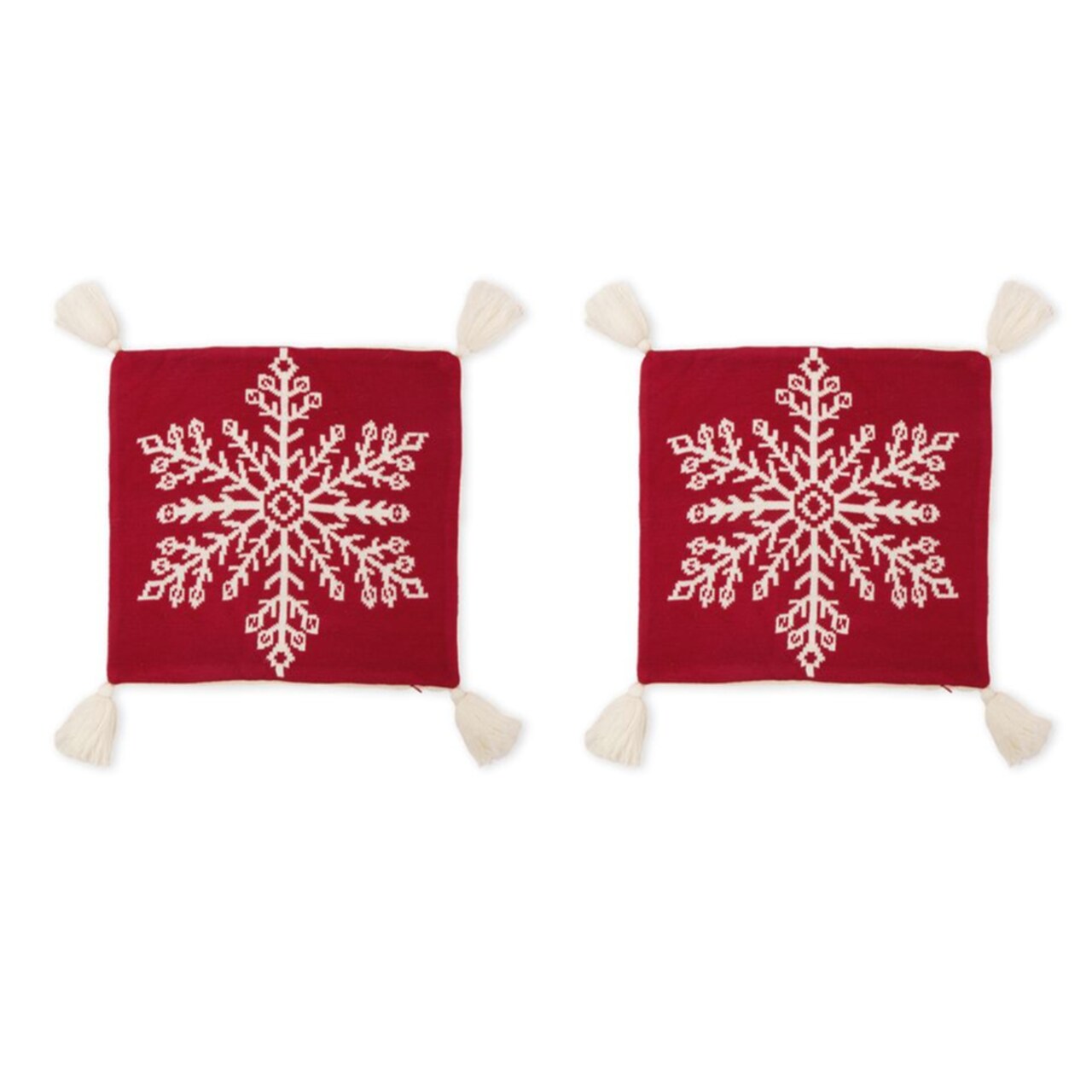 Set of 2 18"L*18"W Knitted Snowflake Acrylic Red Pillow Cover w/Tassels